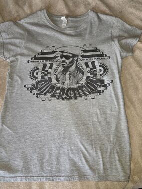 Gildan Gray Graphic "Superstition" Tee with Black Print Stevie Wonder